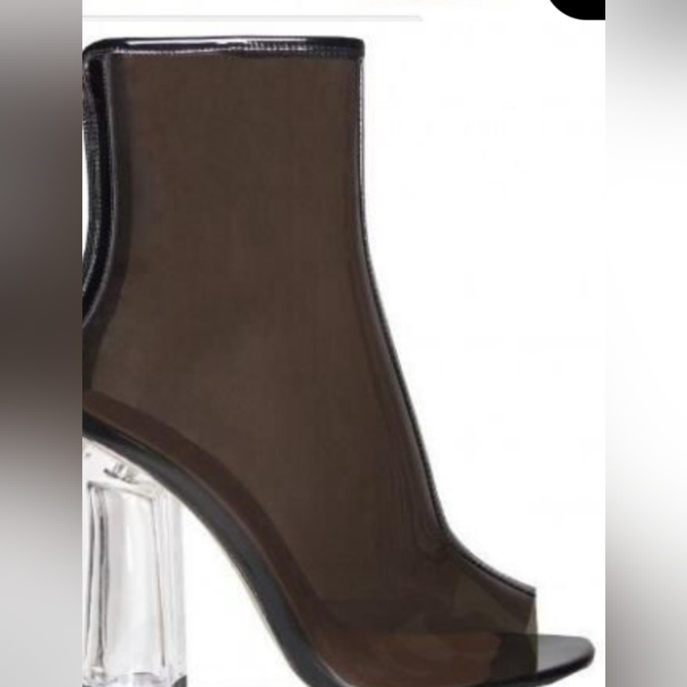 Yoki PVC transparent black chunky heel peep toe ankle bootie Size 9